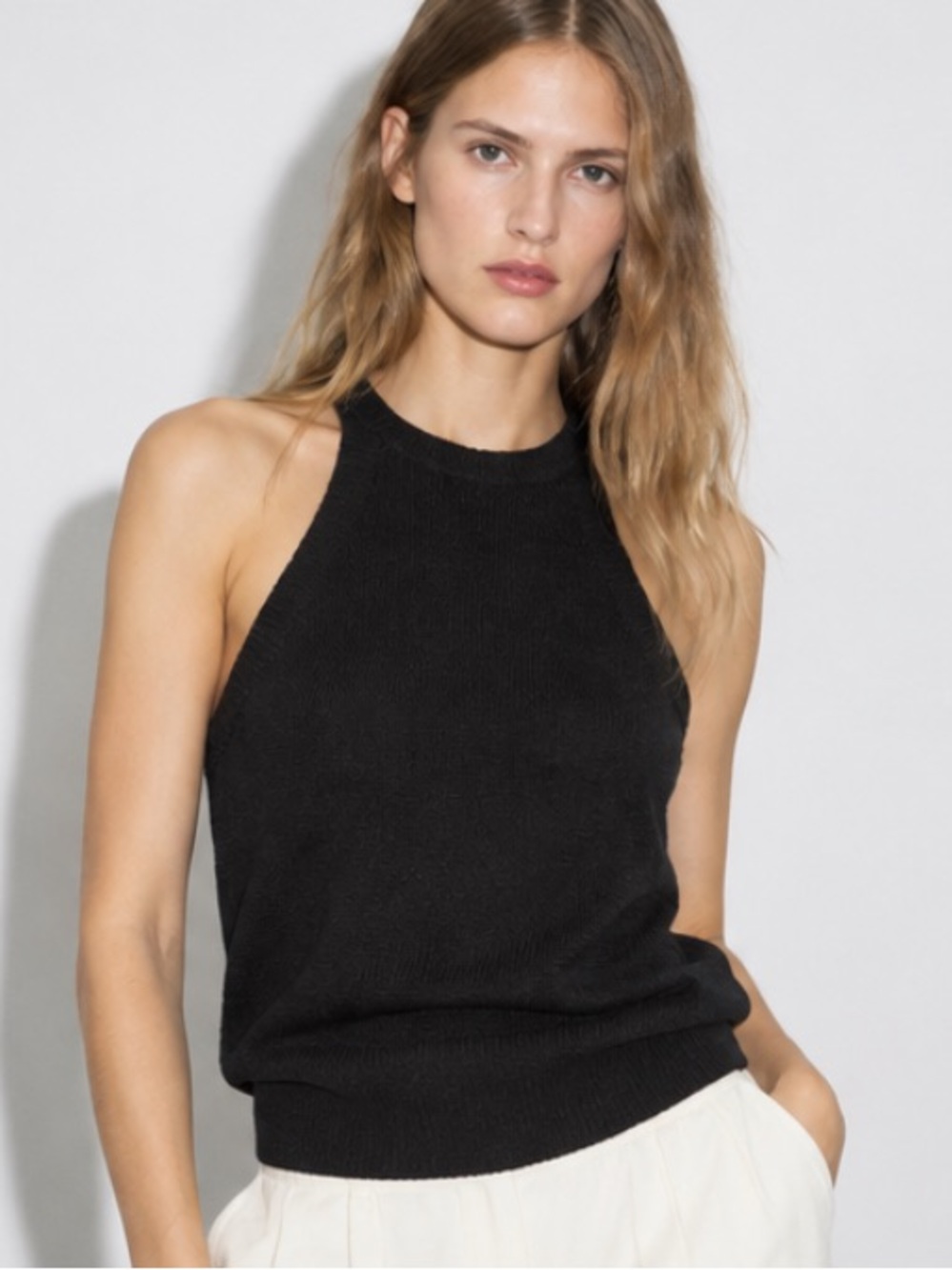 Massimo Dutti Black Knit Sleeveless Halter Tank Top Size XS NWT